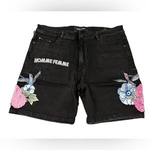 Homme‎ + Femme Embroidered Paradise Denim Shorts Jeans Black Hummingbird size 36